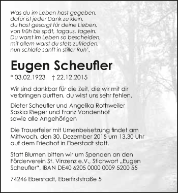 Traueranzeige von Eugen Scheufler 