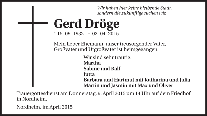  Traueranzeige für Gerd Dröge vom 07.04.2015 aus 