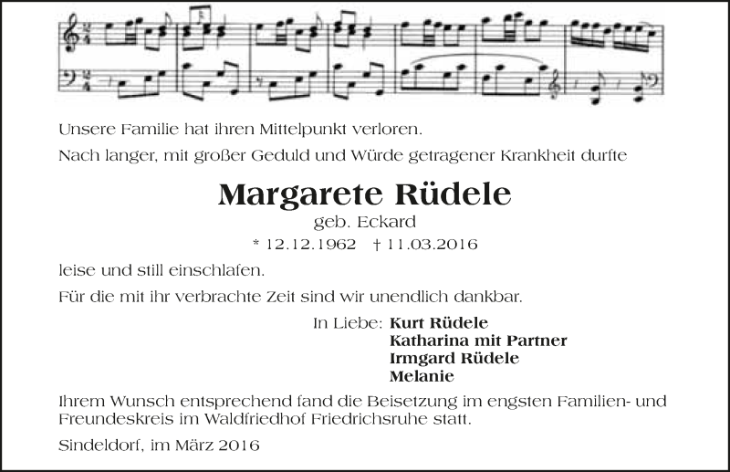  Traueranzeige für Margarete Rüdele vom 29.03.2016 aus 