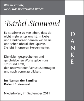 Traueranzeige von Bärbel Steinwand 