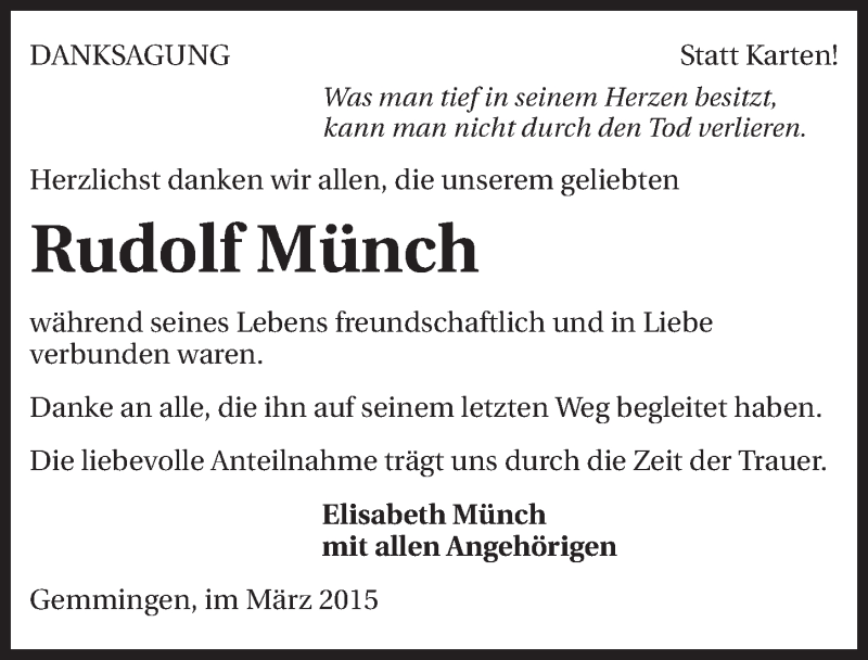  Traueranzeige für Rudolf Münch vom 09.03.2015 aus 