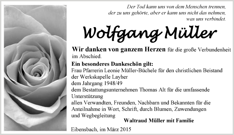  Traueranzeige für Wolfgang Müller vom 14.03.2015 aus 