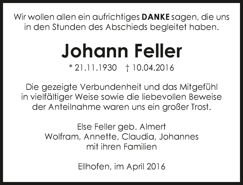  Traueranzeige für Johann Feller vom 30.04.2016 aus 