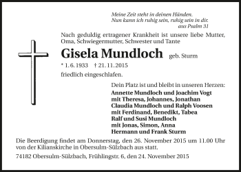 Traueranzeige von Gisela Mundloch 