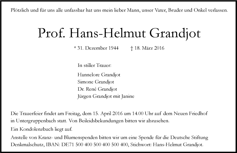  Traueranzeige für Hans-Helmut Grandjot vom 12.04.2016 aus 