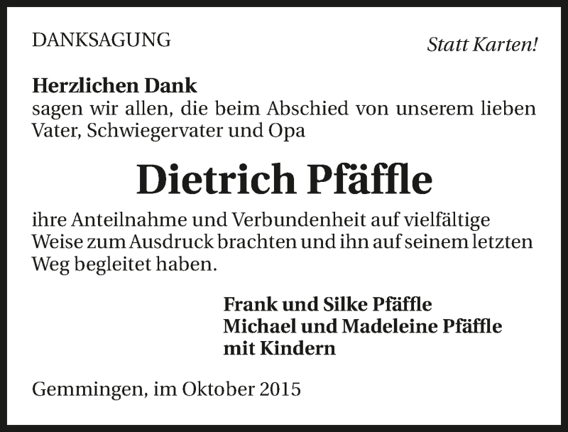  Traueranzeige für Dietrich Pfäffle vom 01.10.2015 aus 