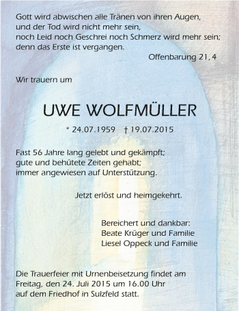 Traueranzeige von Uwe Wolfmüller 