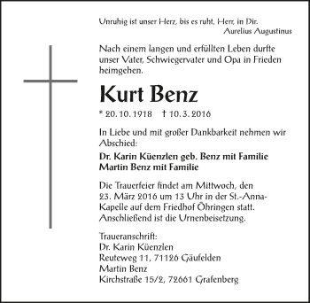 Traueranzeige von Kurt Benz 