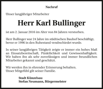 Traueranzeige von Karl Bullinger 