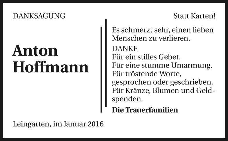  Traueranzeige für Anton Hoffmann vom 05.01.2016 aus 
