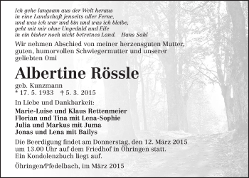 Traueranzeige von Albertine Rössle 