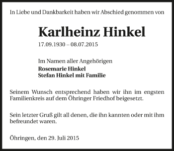 Traueranzeige von Karlheinz Hinkel 