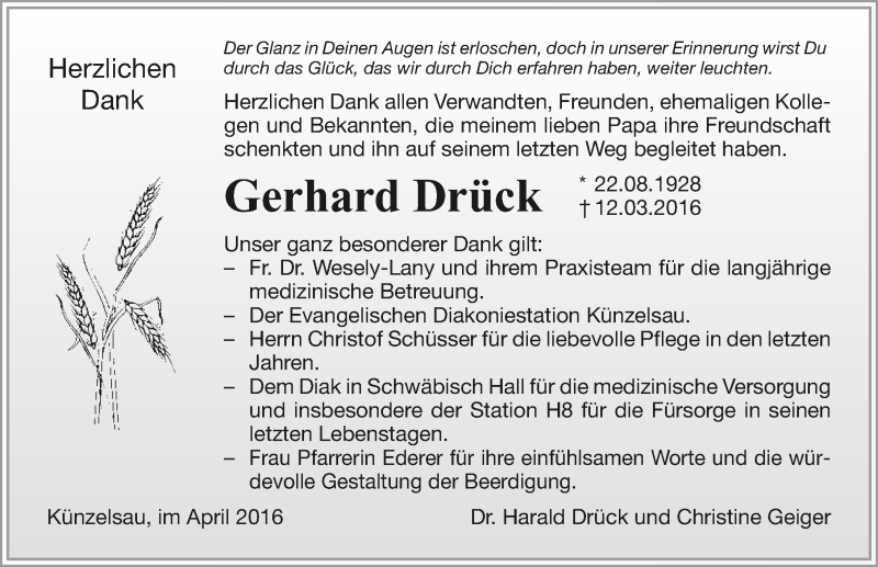  Traueranzeige für Gerhard Drück vom 30.04.2016 aus 