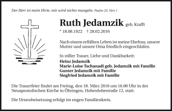 Traueranzeige von Ruth Jedamzik 