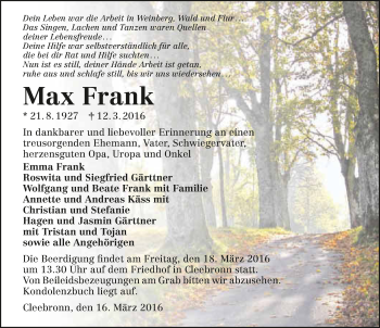 Traueranzeige von Max Frank 