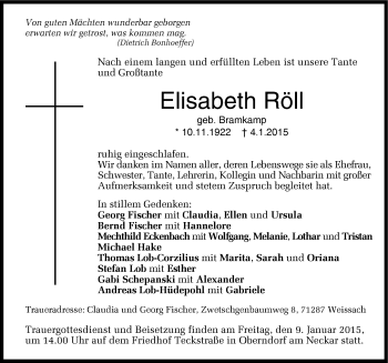 Traueranzeige von Elisabeth Röll 
