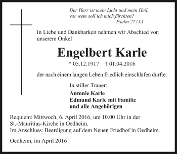 Traueranzeige von Engelber Karle 