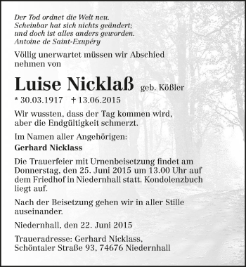 Traueranzeige von Luise Nicklaß 