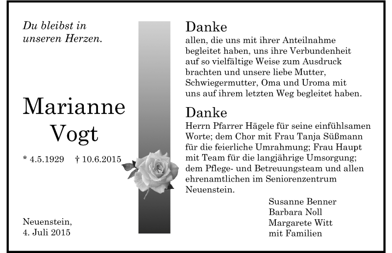  Traueranzeige für Marianne Vogt vom 04.07.2015 aus 