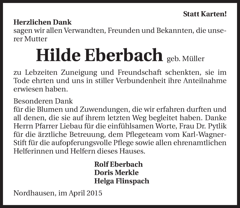 Traueranzeige für Hilde Eberbach vom 02.04.2015 aus 