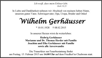 Traueranzeige von Wilhelm Gerhäusser 