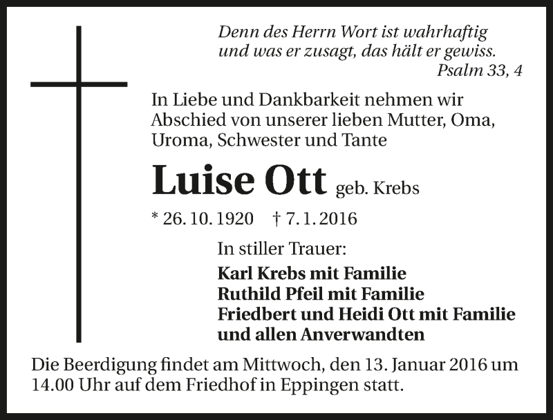  Traueranzeige für Luise Ott vom 11.01.2016 aus 