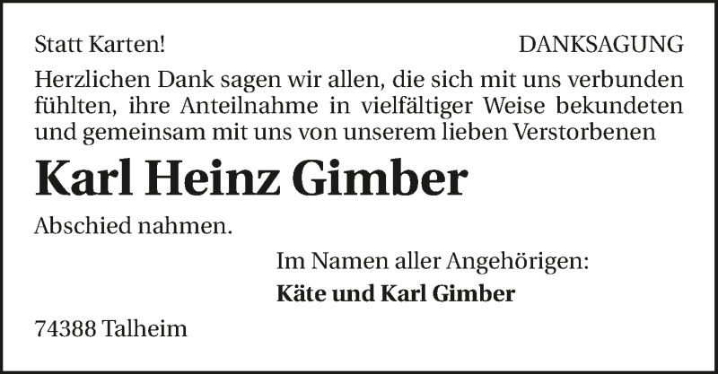  Traueranzeige für Karl Heinz Gimber vom 11.04.2016 aus 
