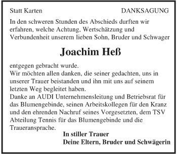 Traueranzeige von Joachim Heß 