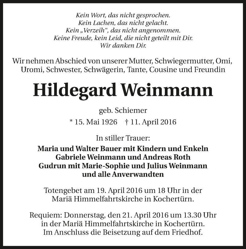  Traueranzeige für Hildegard Weinmann vom 19.04.2016 aus 