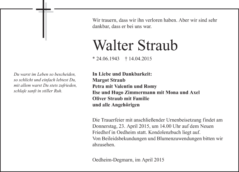  Traueranzeige für Walter Straub vom 20.04.2015 aus 