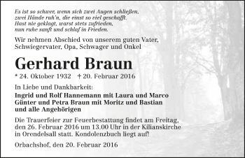 Traueranzeige von Gerhard Braun 