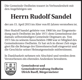 Traueranzeige von Rudolf Sandel 