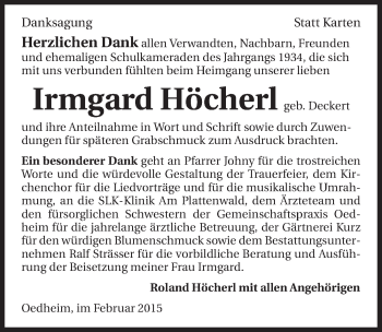 Traueranzeige von Irmgard Höcherl 