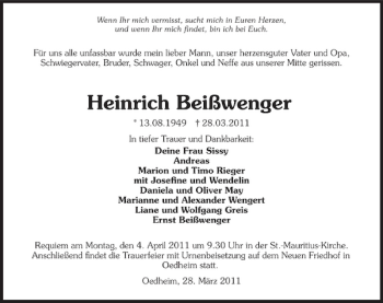 Traueranzeige von Heinrich Beißwenger 
