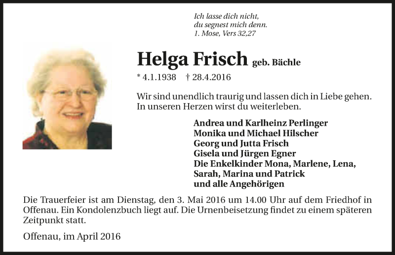  Traueranzeige für Helga Frisch vom 30.04.2016 aus 