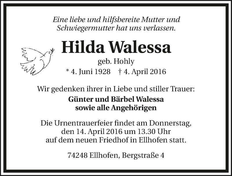  Traueranzeige für Hilda Walessa vom 08.04.2016 aus 