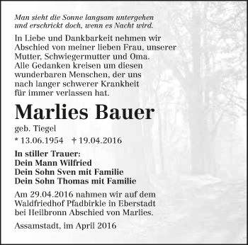 Traueranzeige von Marlies Bauer 