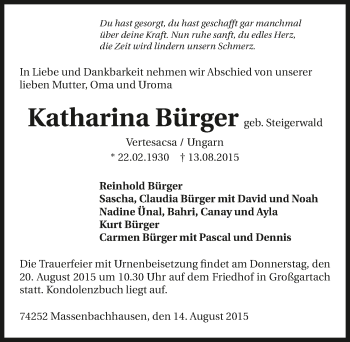 Traueranzeige von Katharina Bürger 