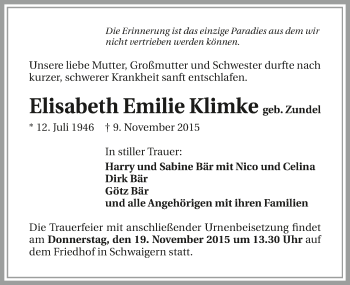 Traueranzeige von Elisbeth Emilie Klimke 