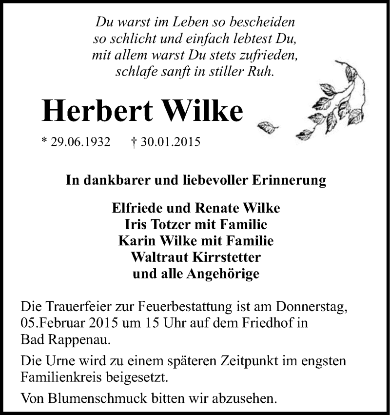  Traueranzeige für Herbert Wilke vom 03.02.2015 aus 