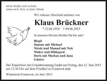 Traueranzeige von Klaus Brückner 