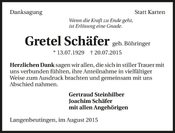 Traueranzeige von Gretel Schäfer 
