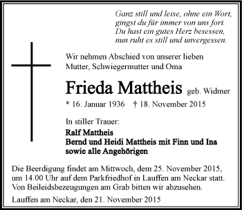 Traueranzeige von Frieda Mattheis 