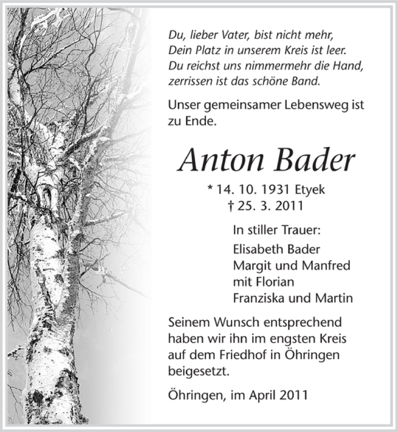  Traueranzeige für Anton Bader vom 02.04.2011 aus 