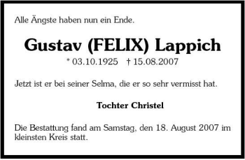 Traueranzeige von Gustav Lappich 
