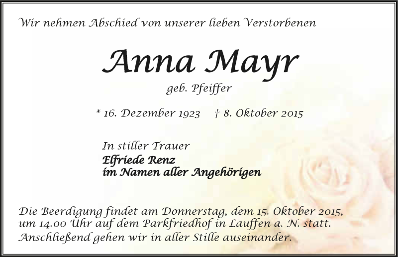 Traueranzeige für Anna Mayr vom 12.10.2015 aus 