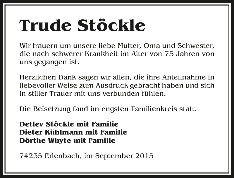  Traueranzeige für Trude Stöckle vom 23.09.2015 aus 