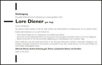 Traueranzeige von Lore Diener 