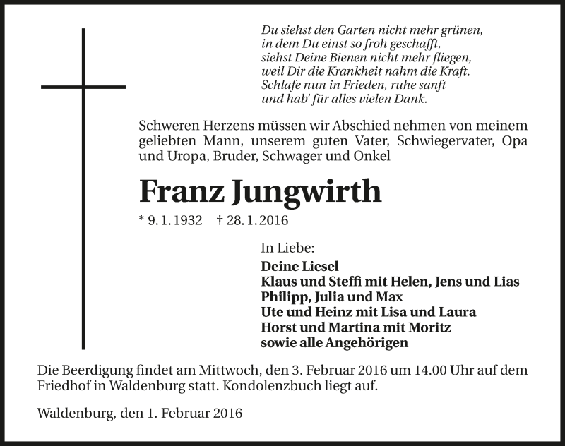  Traueranzeige für Franz Jungwirth vom 01.02.2016 aus 