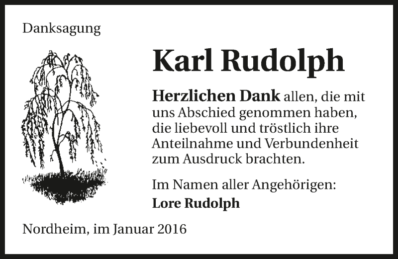  Traueranzeige für Karl Rudolph vom 15.01.2016 aus 